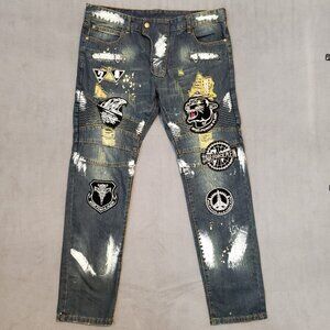 BiePa Paris Distressed Moto Biker Jeans 37x31 Air Force Tiger Eagle Patches
